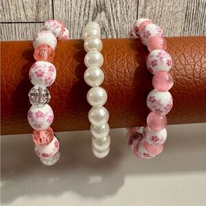Floral Pink and White and Pearl Beaded Bracelet Trio NWT